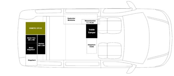 Skizze vom VW Camper mit Miniküche und Zusatzmodul mit Becken und einer Heckküche