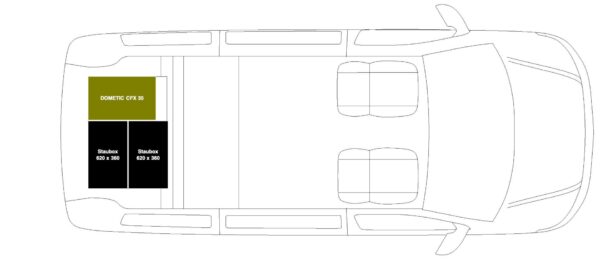Stauraumboxen und Kühlbox von oben als Zeichnung